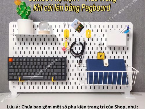 Bảng pegboard lỗ dọc 60x40 kèm phụ kiện màu trắng khi Decor