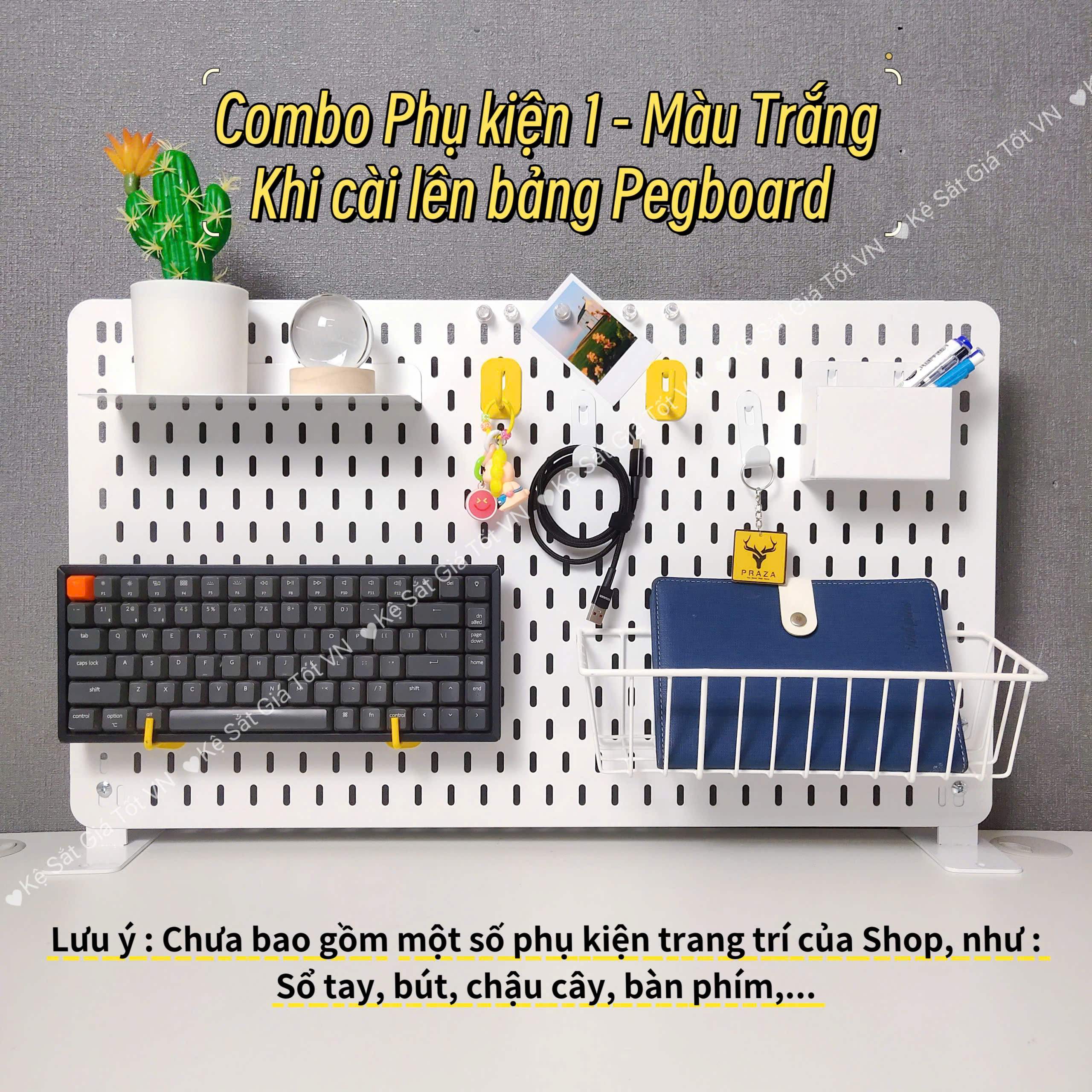 Bảng pegboard lỗ dọc 60x40 kèm phụ kiện màu trắng khi Decor