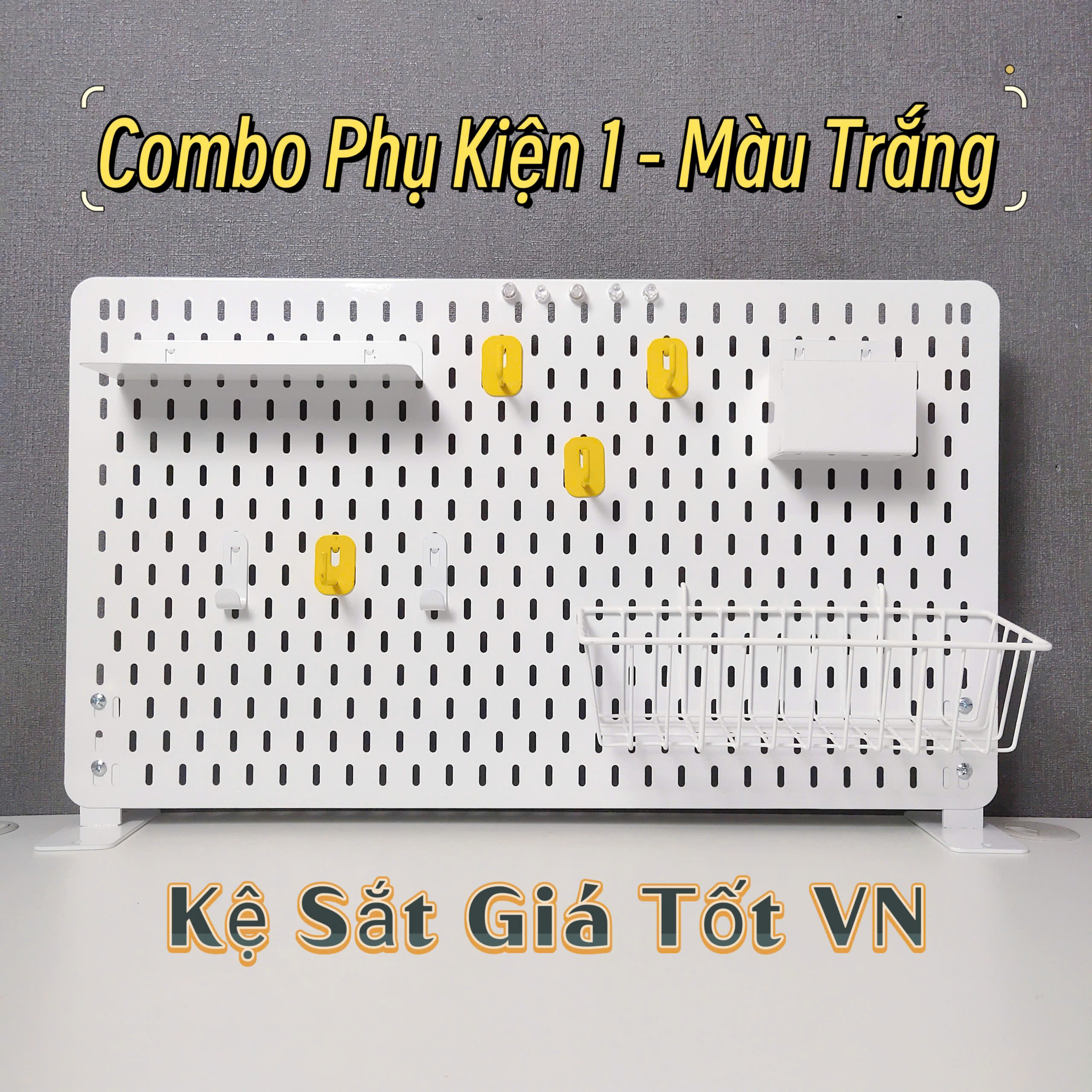 Combo bảng Pegboard lỗ dọc 60x40cm kèm phụ kiện 1 - màu Trắng
