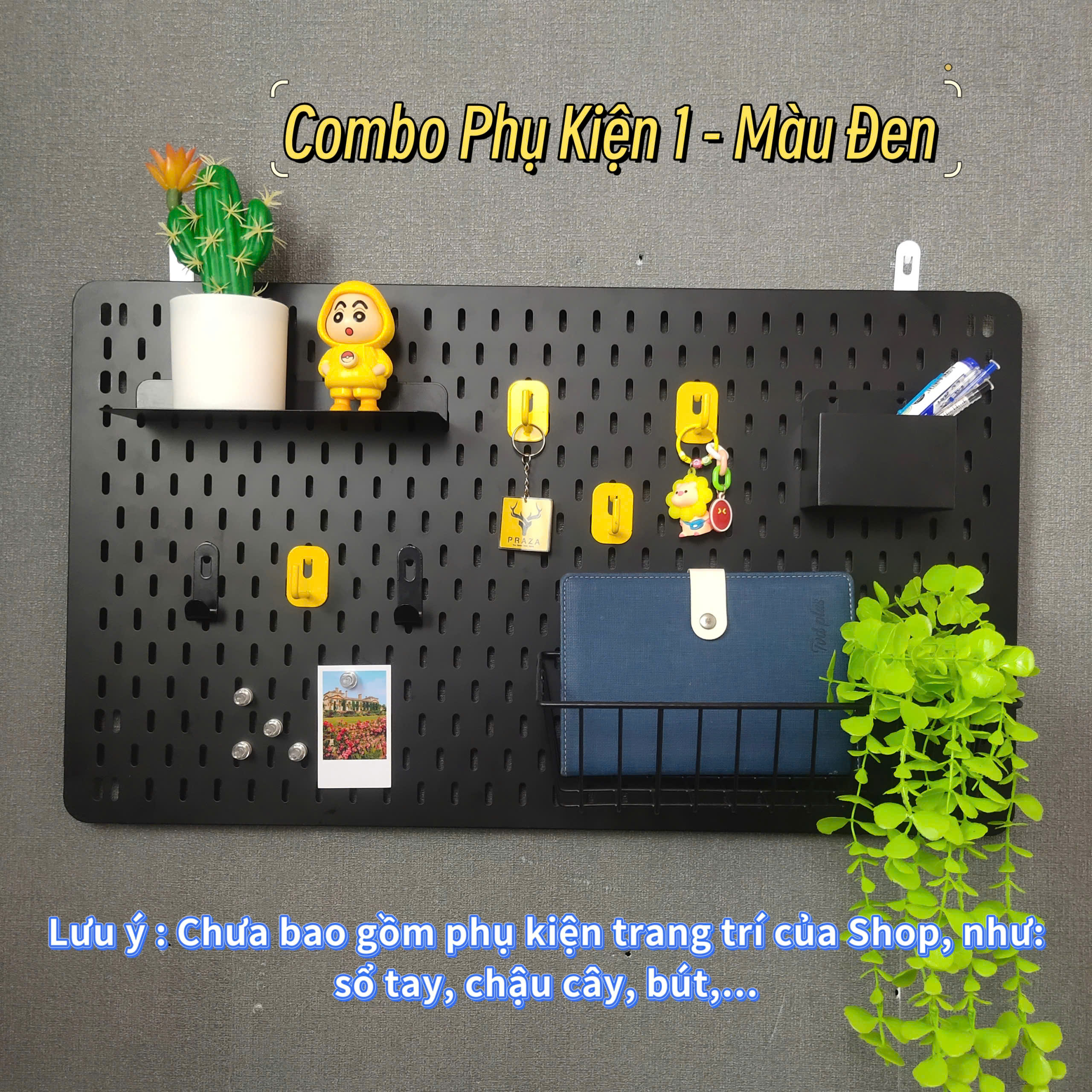 Combo Phụ Kiện 1 - Màu Đen Combo bảng Pegboard lỗ dọc kèm phụ kiện Decor trang trí đa năng