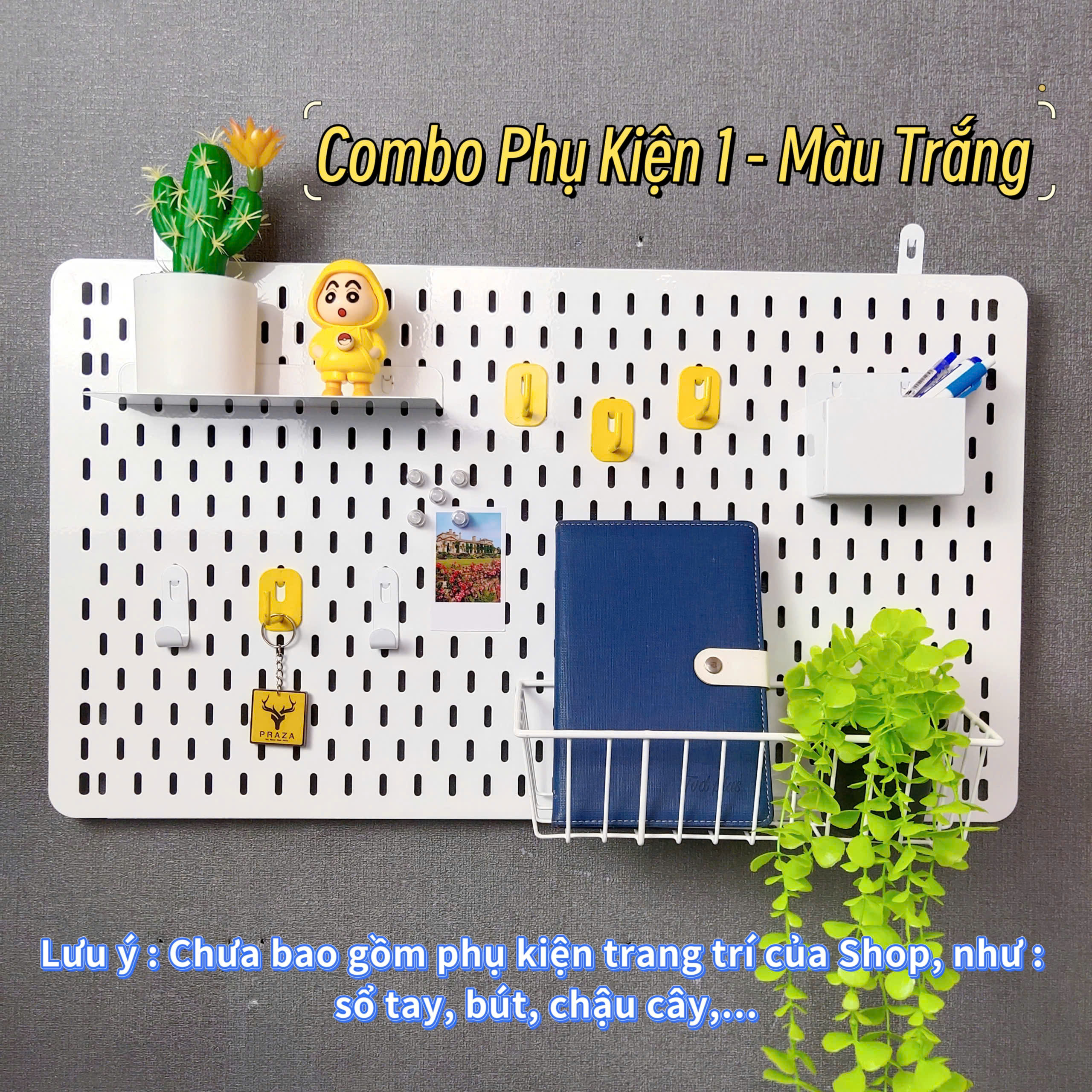 Combo 1 - Màu Trắng Combo bảng Pegboard gắn tường kèm phụ kiện Decor Trang Trí