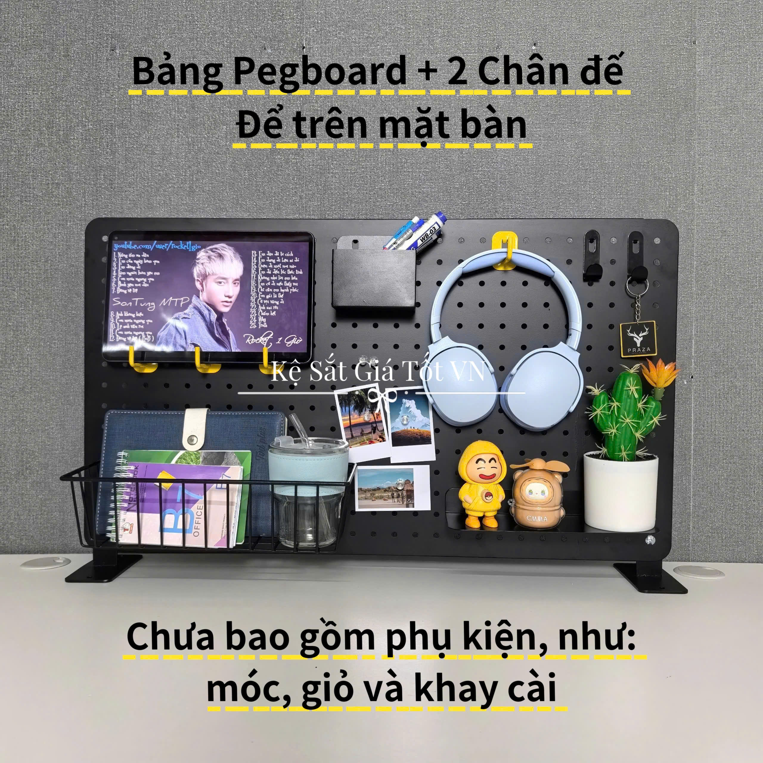 Bảng Pegboard + 2 chân đế để trên mặt bàn treo phụ kiện