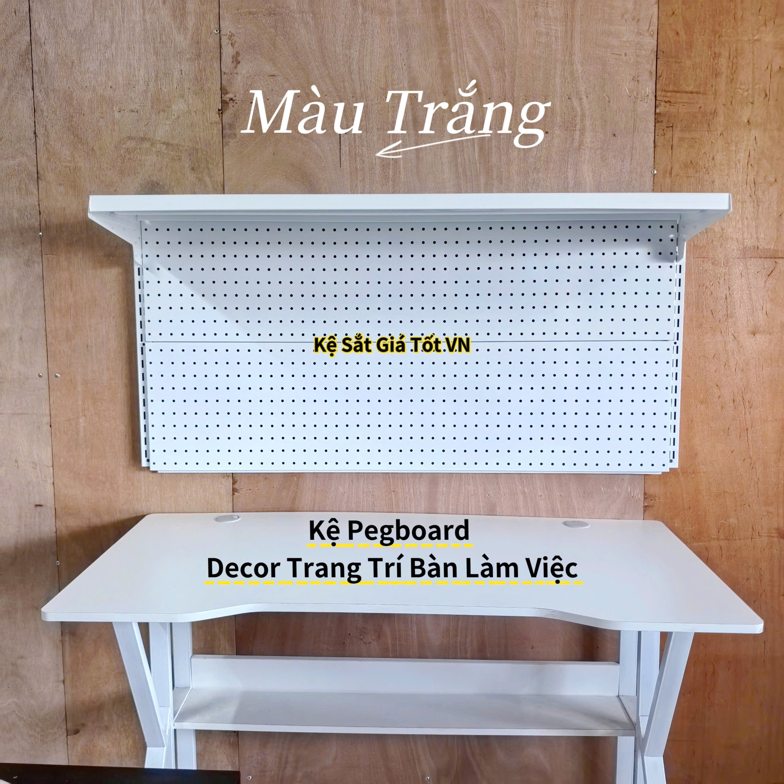 Kệ Pegboard Decor Trang Trí Bàn Làm Việc Cao Cấp – D1.2m x C0.6m x 1 mâm tầng