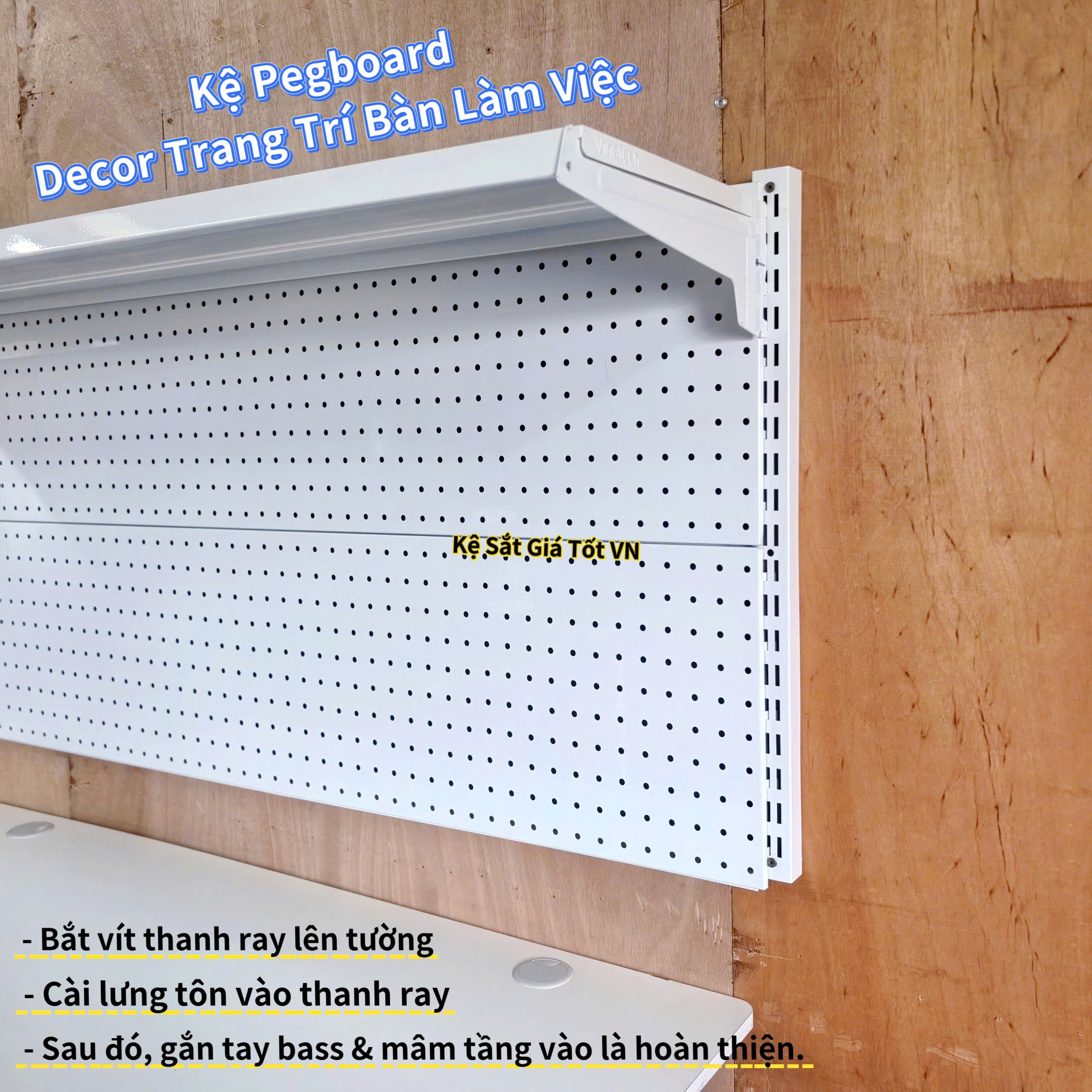 Kệ Pegboard Decor Trang Trí Bàn Làm Việc Cao Cấp – D1.2m x C0.6m x 1 mâm tầng