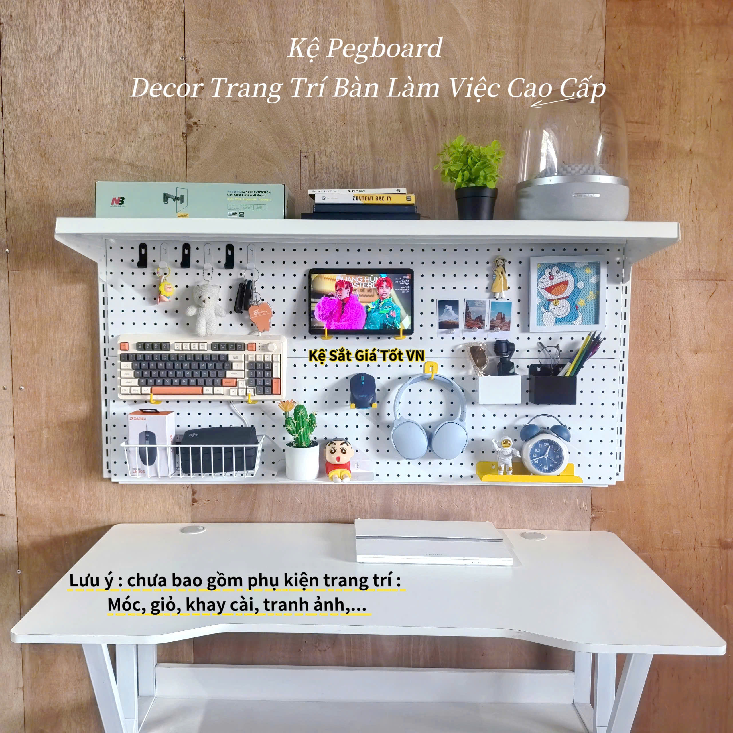 Kệ Pegboard Decor Trang Trí Bàn Làm Việc Cao Cấp – D1.2m x C0.6m x 1 mâm tầng