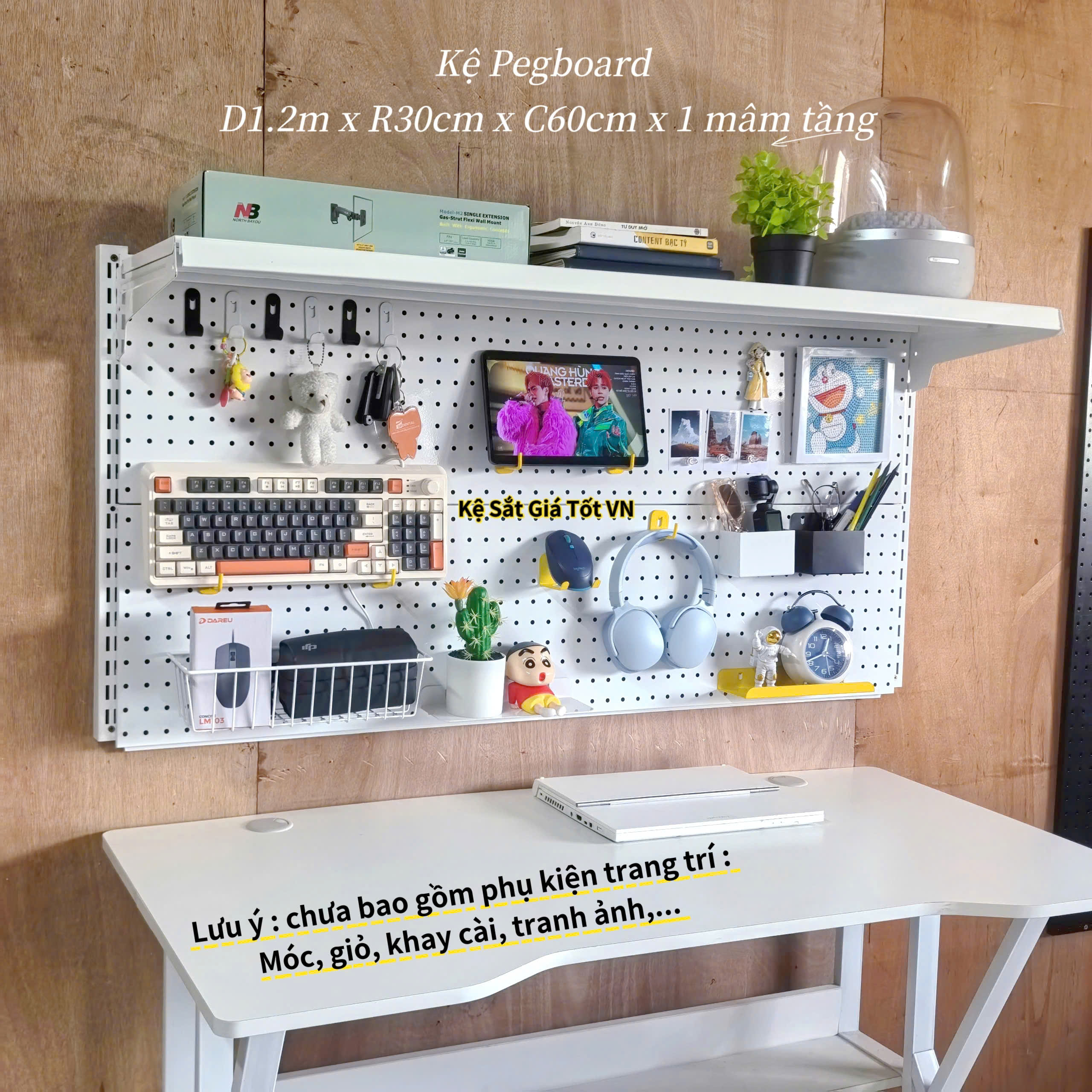 Kệ Pegboard Decor Trang Trí Bàn Làm Việc Cao Cấp – D1.2m x C0.6m x 1 mâm tầng