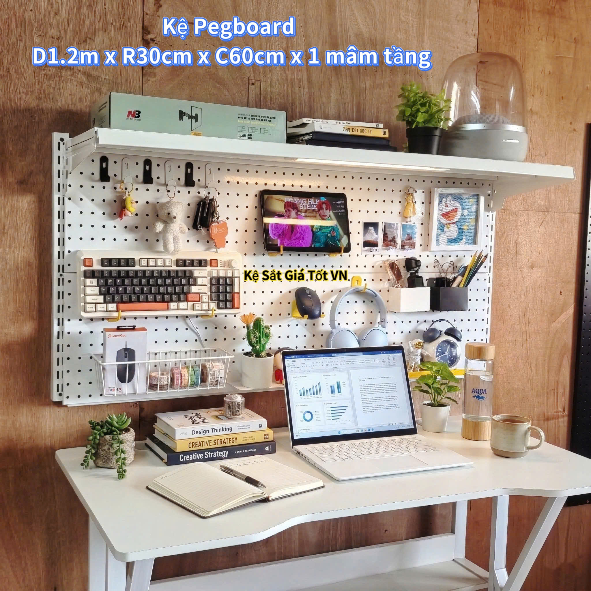 Kệ Pegboard Decor Trang Trí Bàn Làm Việc Cao Cấp – D1.2m x C0.6m x 1 mâm tầng