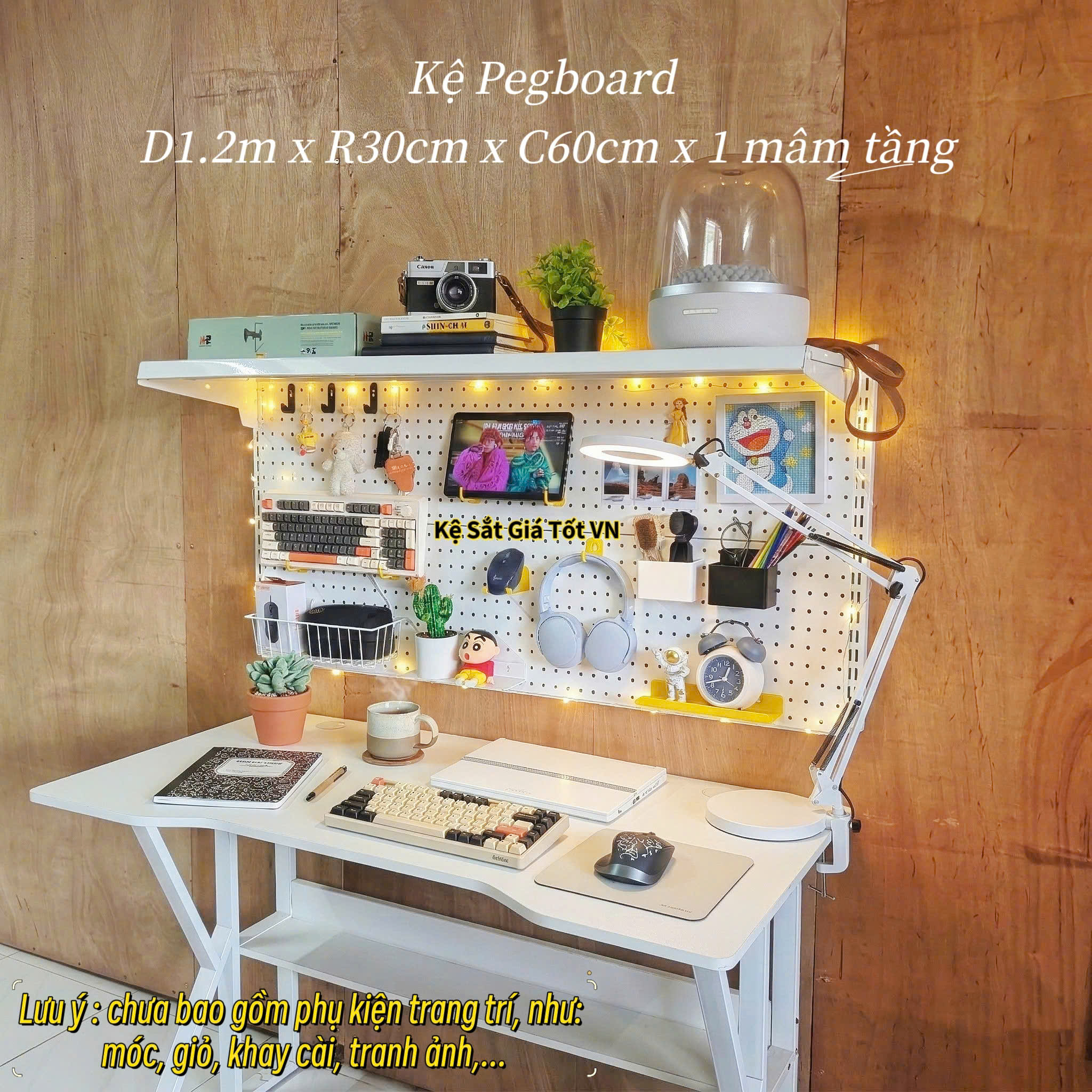 Kệ Pegboard Decor Trang Trí Bàn Làm Việc Cao Cấp – D1.2m x C0.6m x 1 mâm tầng