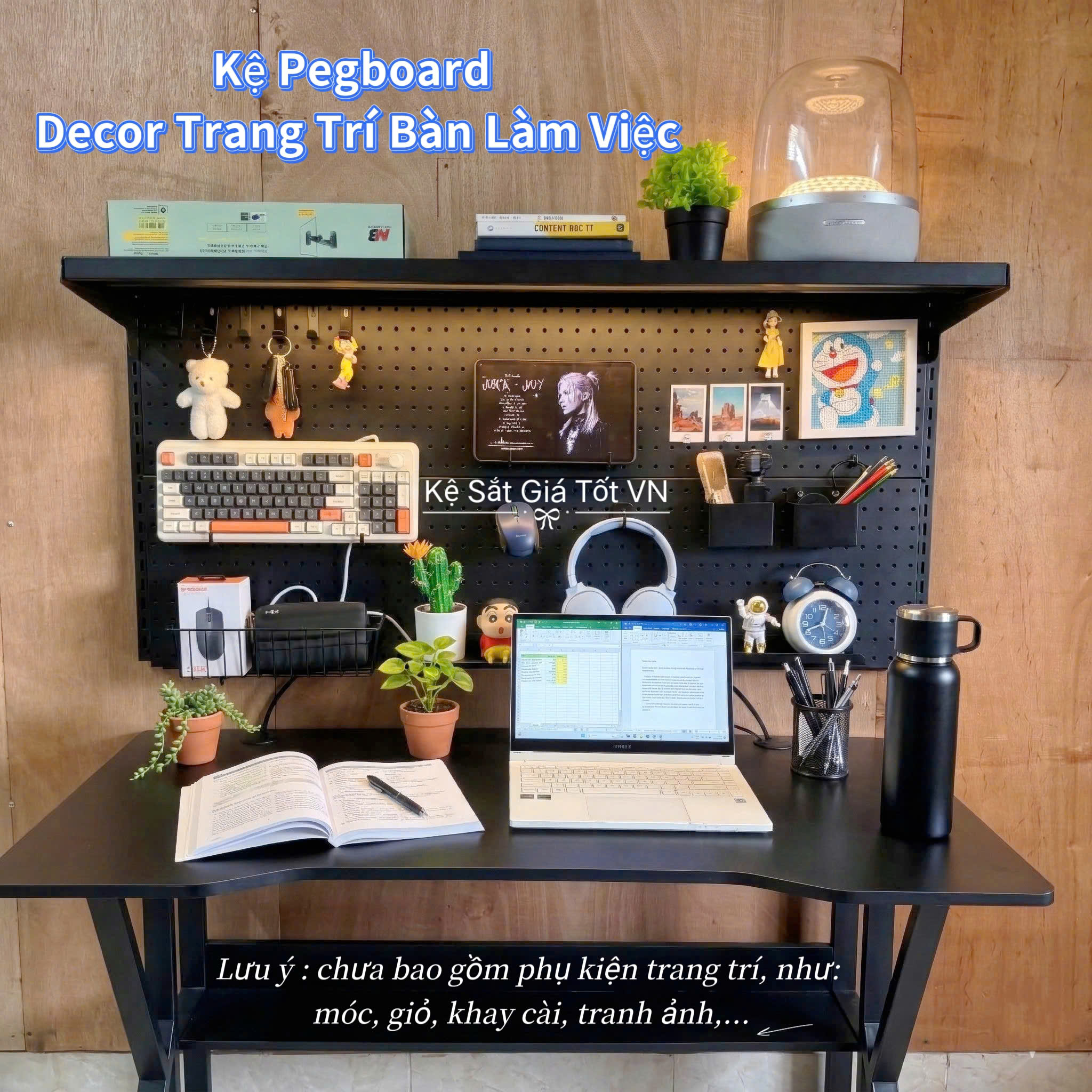 Kệ Pegboard Decor Trang Trí Bàn Làm Việc Cao Cấp – D1.2m x C0.6m x 1 mâm tầng