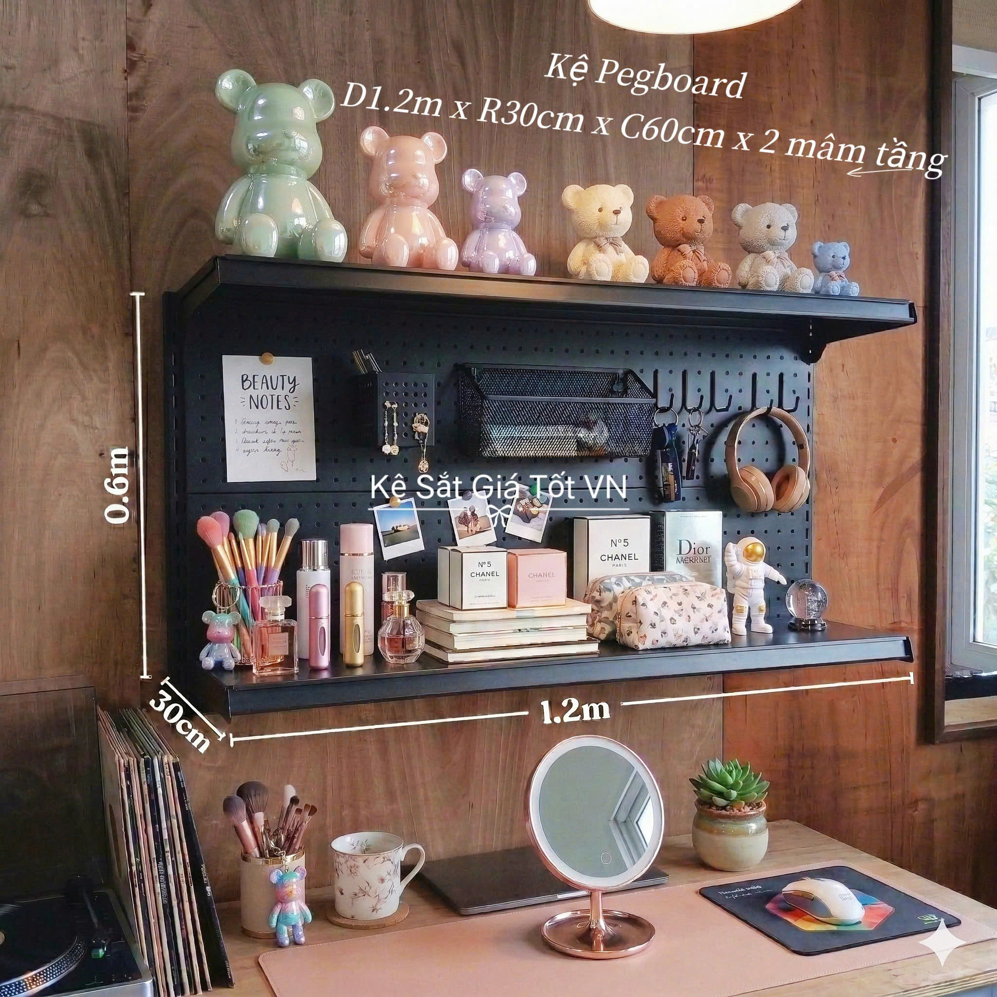 Kệ Pegboard Decor Trang Trí Bàn Làm Việc Cao Cấp – D1.2m x C0.6m x 1 mâm tầng