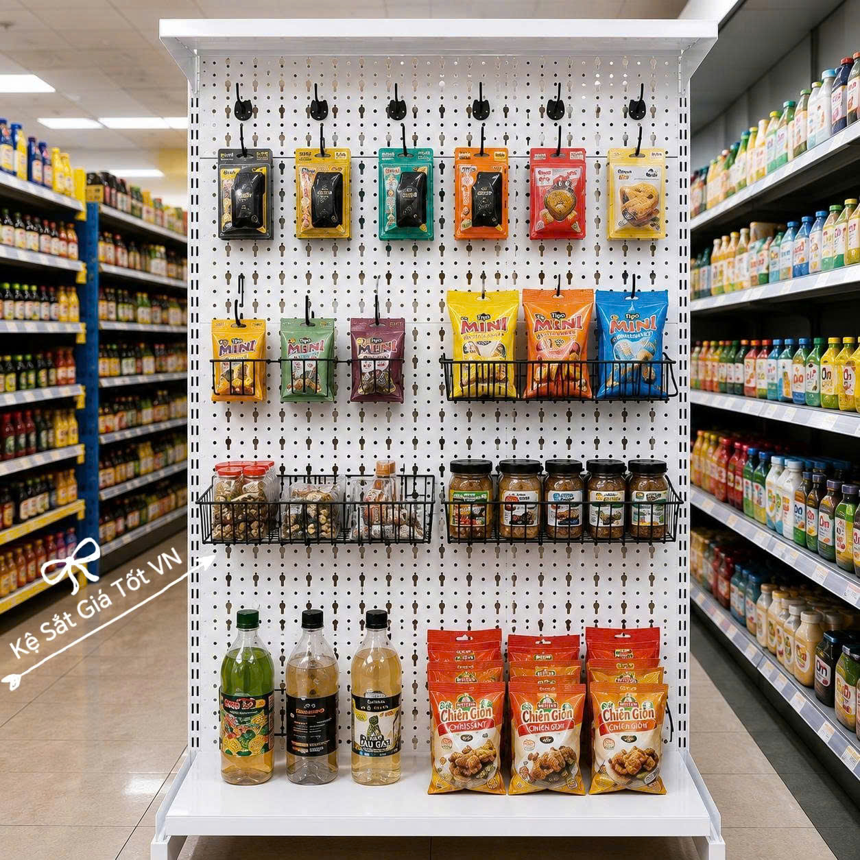 Kệ pegboard lưng lỗ giọt nước trưng bày hàng hóa trong siêu thị