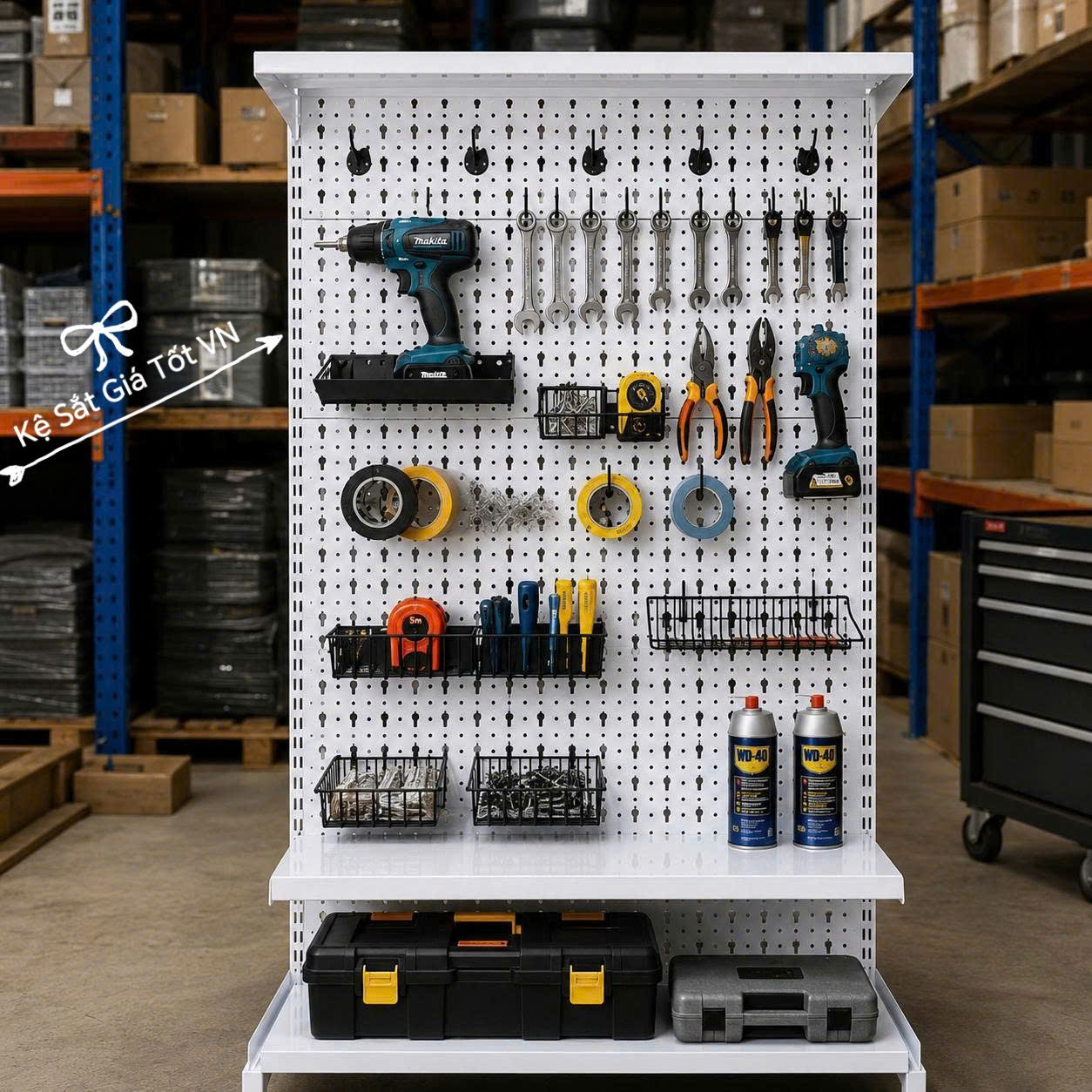 Kệ Pegboard lưng lỗ giọt nước trưng bày phụ kiện cơ khí trong Garage, xưởng cơ khí