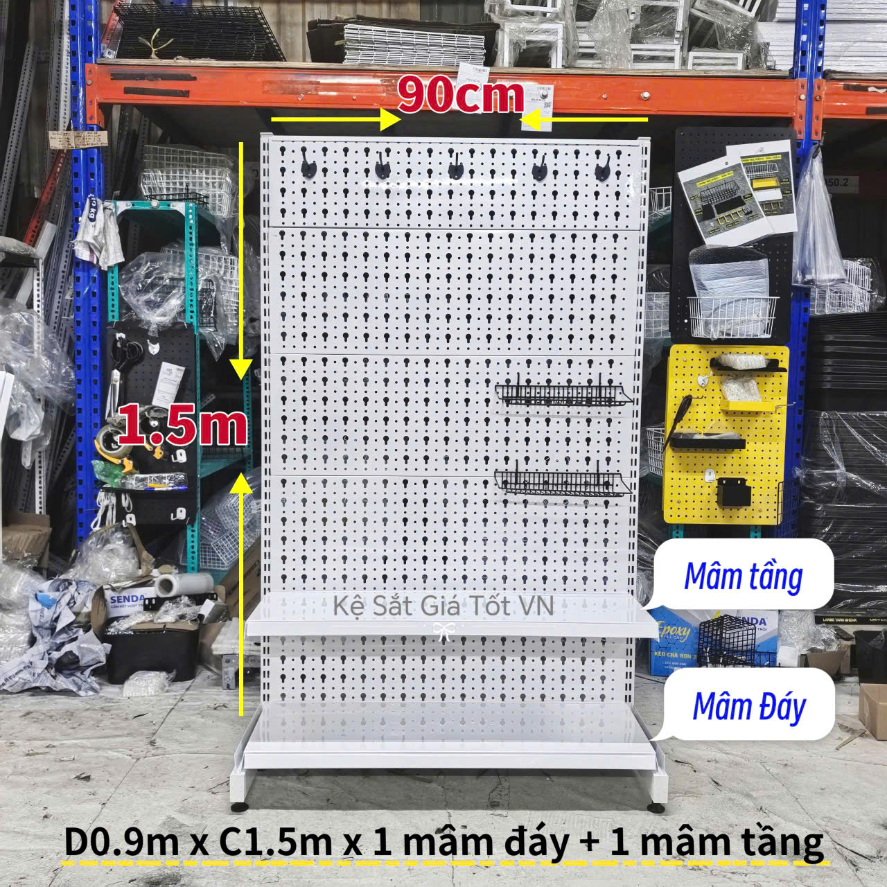 Kệ Pegboard lưng lỗ giọt nước decor trang trí phụ kiện - Dài 90cm x Cao 150cm x 1 mâm đáy + 1 mâm tầng