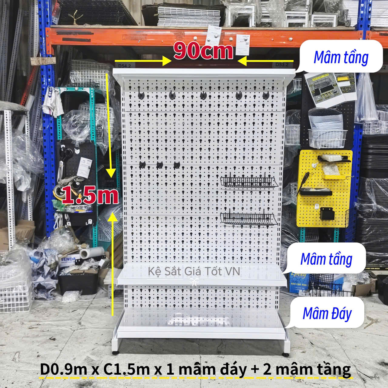 Kệ pegboard lưng lỗ giọt nước trưng bày phụ kiện đa năng - Dài 90cm x Cao 150cm x 1 mâm đáy + 2 mâm tầng