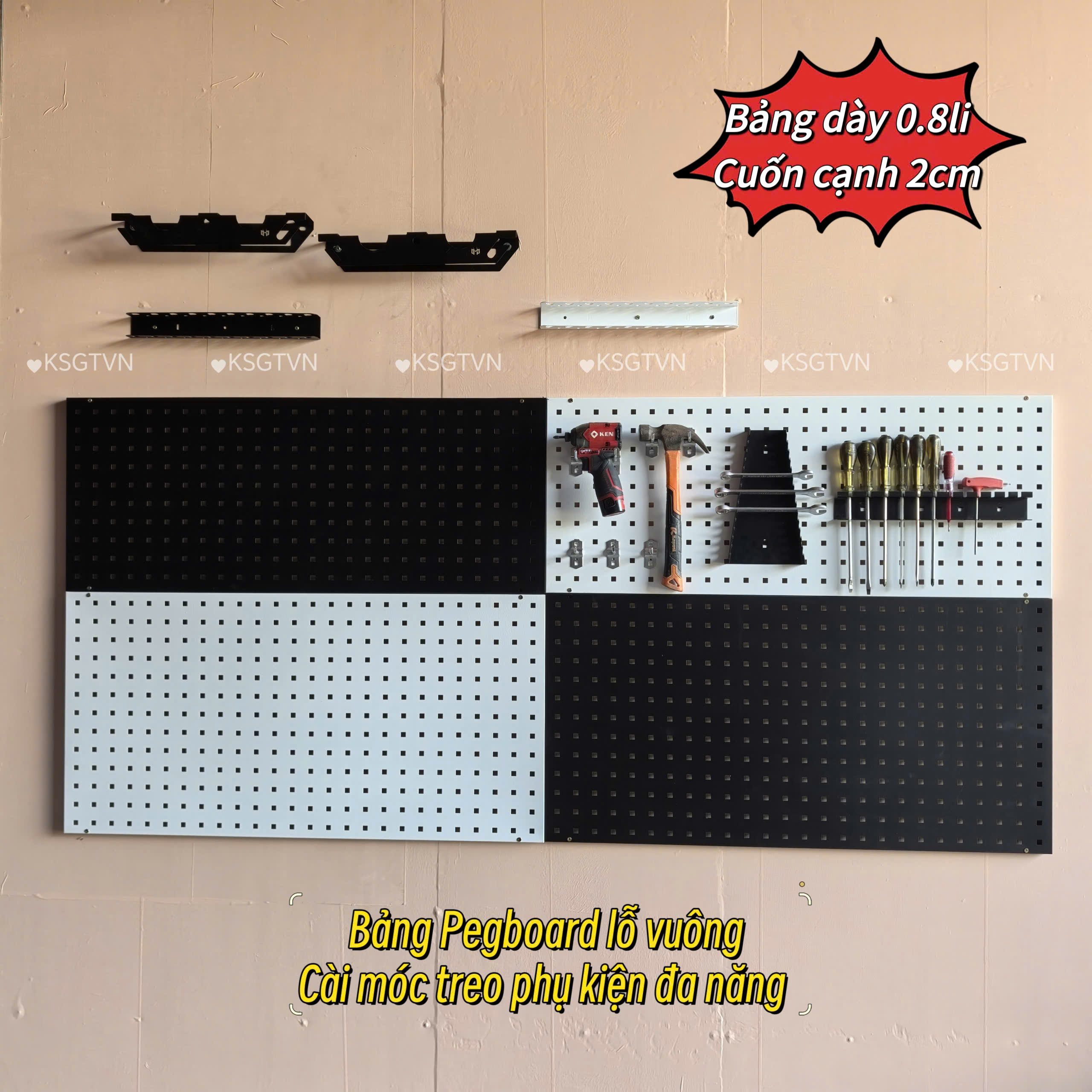 Bảng Pegboard lỗ vuông cài móc treo đồ cơ khí đa năng